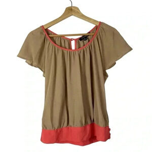 Forever 21 Beige & Orange Y2K Short Flutter Sleeve Blouse S